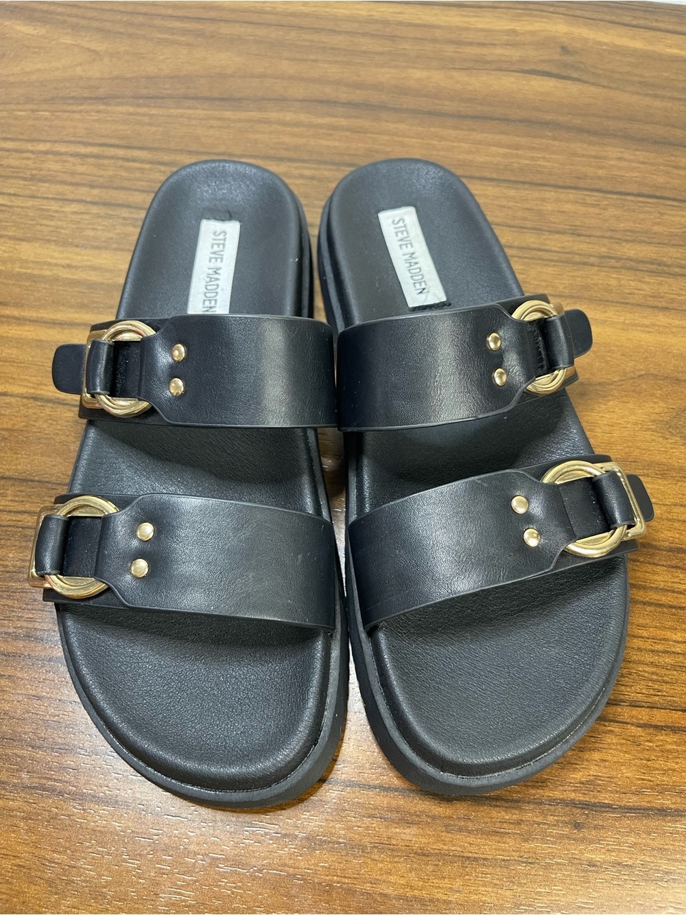 STEVE MADDEN Brooklin BLACK BUCKLE SLIDE Platform SANDALS  Women's Size 9.5 249